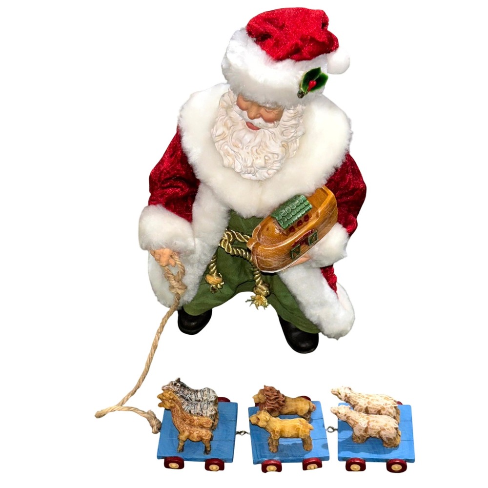 PDL Santa Noah's Ark Figurine Pull Toy Animals 13" Christmas Vintage Resin Plush